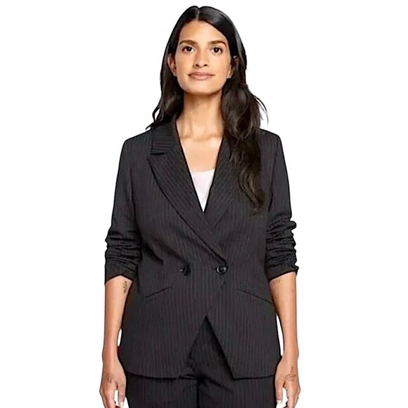 UNIVERSAL STANDARD Bianca Italian Double Breasted Pinstripe Blazer Black - Picture 1 of 12